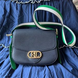 Ralph Lauren leather cross body purse with Kelly green/white strap, gold details